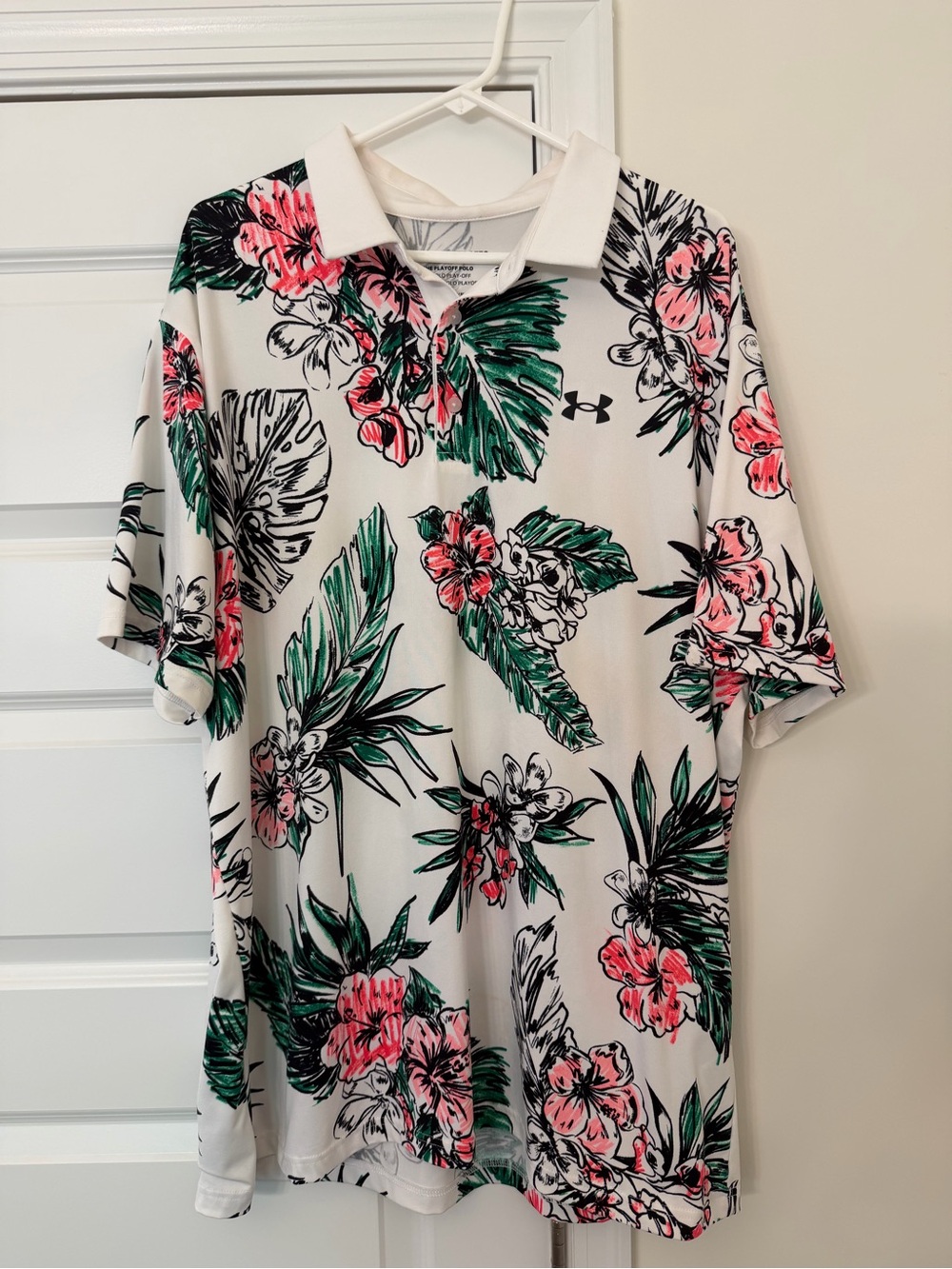 Under Armour White Polo with Green and Pink Tropical Print